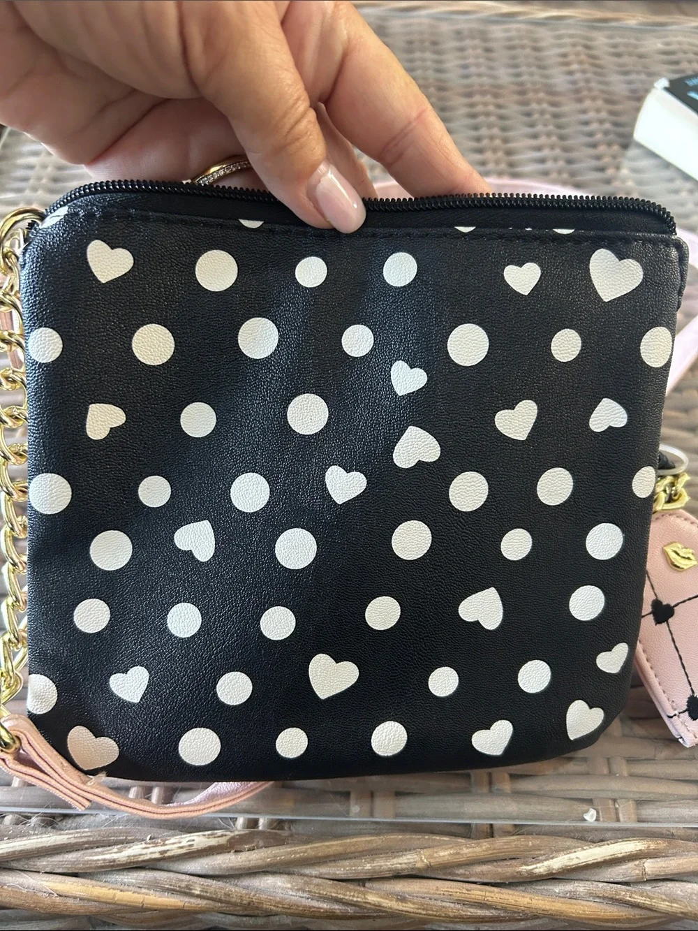 Betsey Johnson Black Polka Dot & Heart Crossbody with Pink Strap